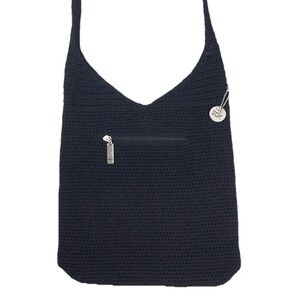 The Sak Crochet Bucket Handbag Black 2 Pockets  Magnetic Closure Silver